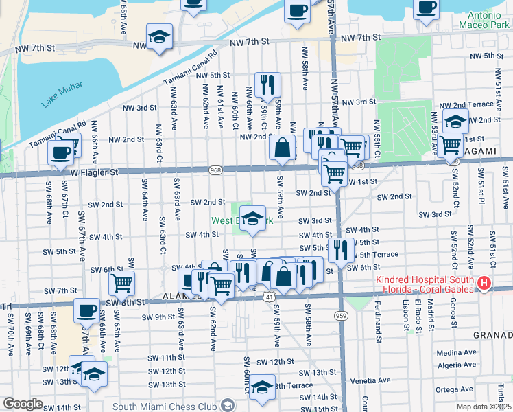 map of restaurants, bars, coffee shops, grocery stores, and more near 231 Southwest 60th Avenue in Miami
