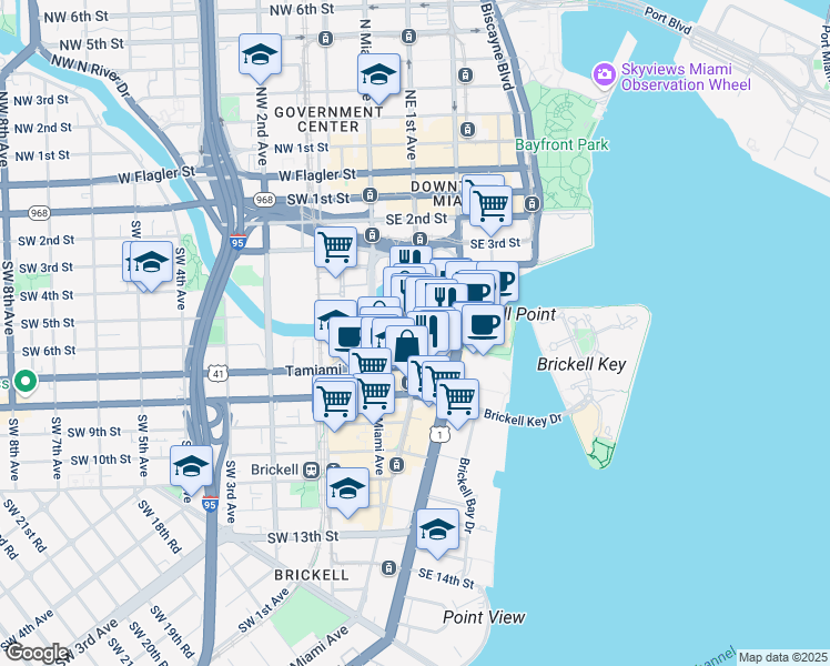map of restaurants, bars, coffee shops, grocery stores, and more near 41 Southeast 6th Street in Miami