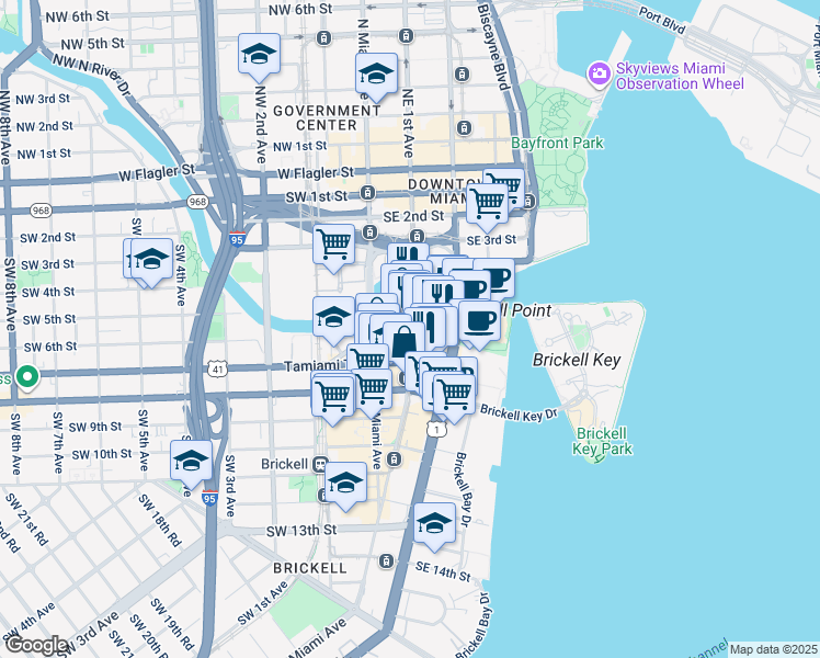 map of restaurants, bars, coffee shops, grocery stores, and more near 41 Southeast 6th Street in Miami