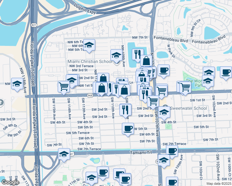 map of restaurants, bars, coffee shops, grocery stores, and more near 10951 West Flagler Street in Miami