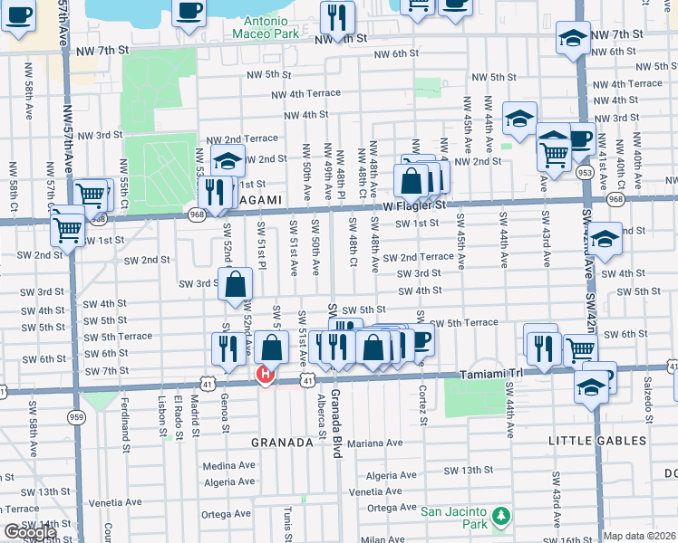 map of restaurants, bars, coffee shops, grocery stores, and more near 301 SW 49th Ave in Coral Gables