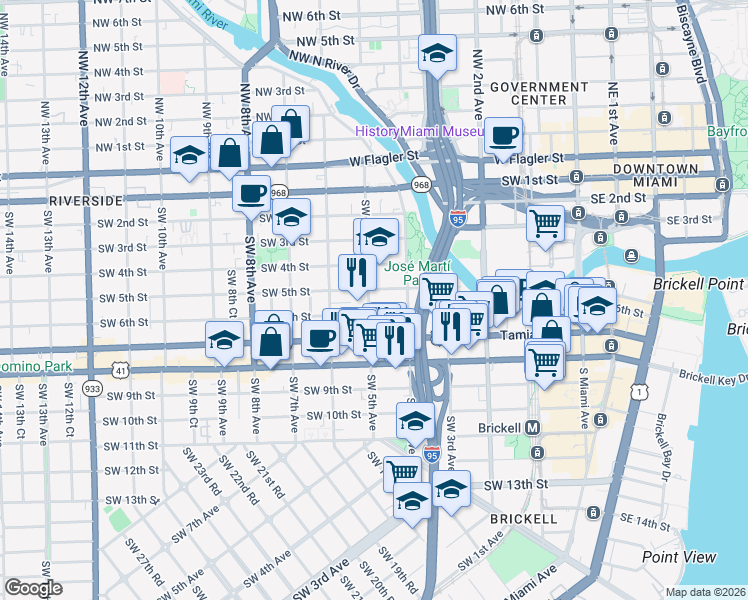 map of restaurants, bars, coffee shops, grocery stores, and more near 461 Southwest 6th Street in Miami