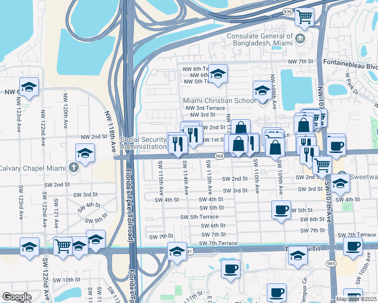 map of restaurants, bars, coffee shops, grocery stores, and more near 11391 West Flagler Street in Miami