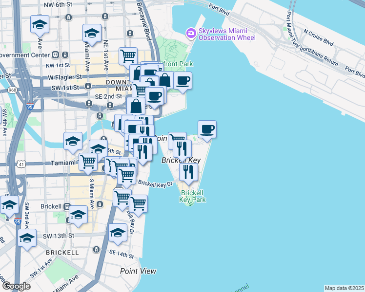 map of restaurants, bars, coffee shops, grocery stores, and more near 535 Brickell Key Drive in Miami