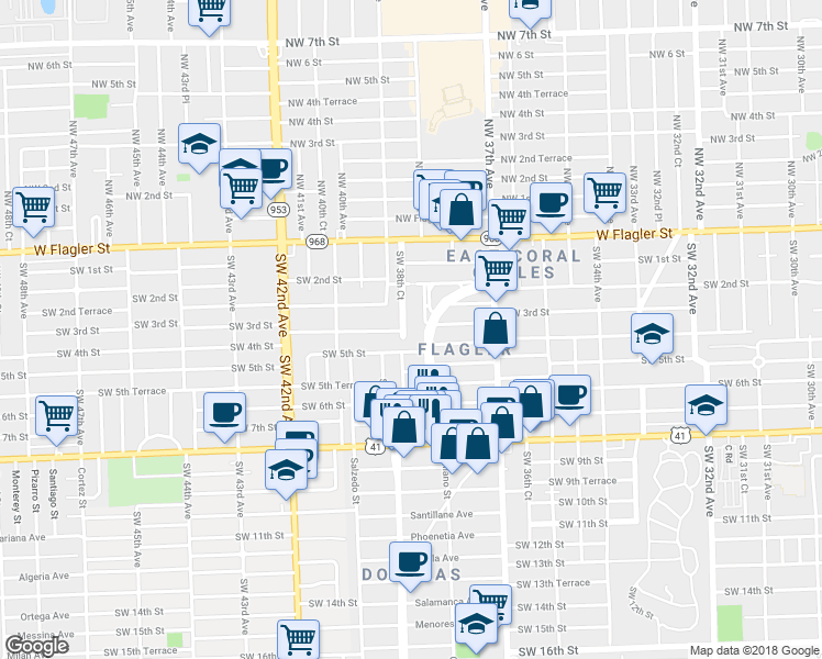 map of restaurants, bars, coffee shops, grocery stores, and more near 311 Southwest 38th Court in Coral Gables