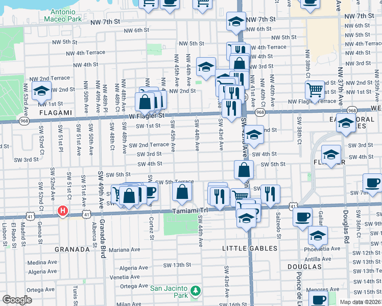 map of restaurants, bars, coffee shops, grocery stores, and more near 4410 Southwest 3rd Street in Coral Gables