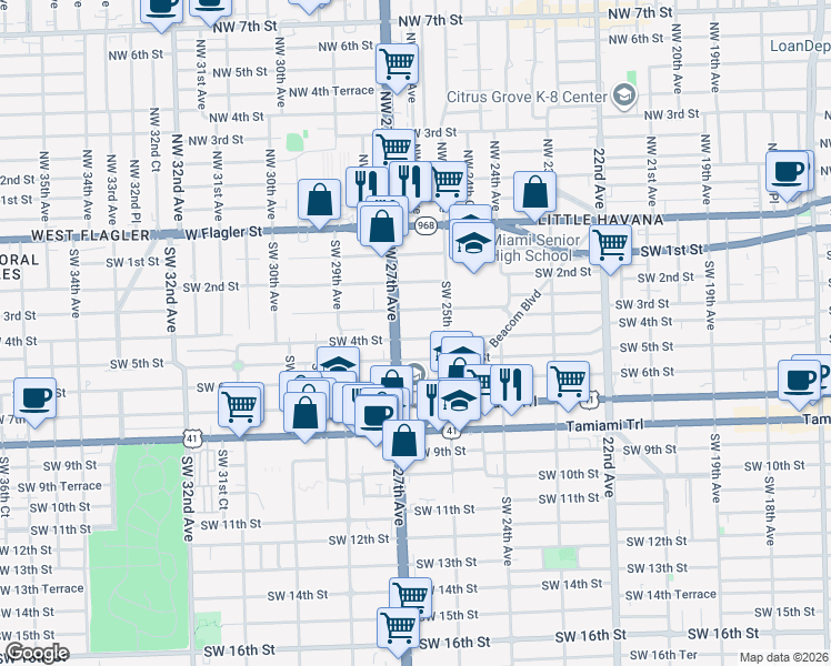 map of restaurants, bars, coffee shops, grocery stores, and more near 2601 Southwest 4th Street in Miami
