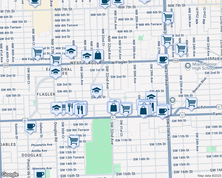map of restaurants, bars, coffee shops, grocery stores, and more near 3167 Southwest 4th Street in Miami