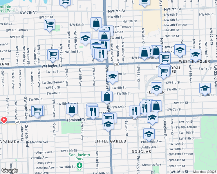 map of restaurants, bars, coffee shops, grocery stores, and more near 321 Southwest 42nd Avenue in Miami
