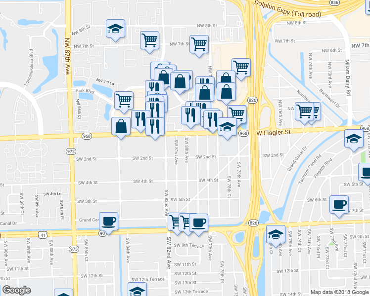 map of restaurants, bars, coffee shops, grocery stores, and more near 122 Southwest 80th Avenue in Miami