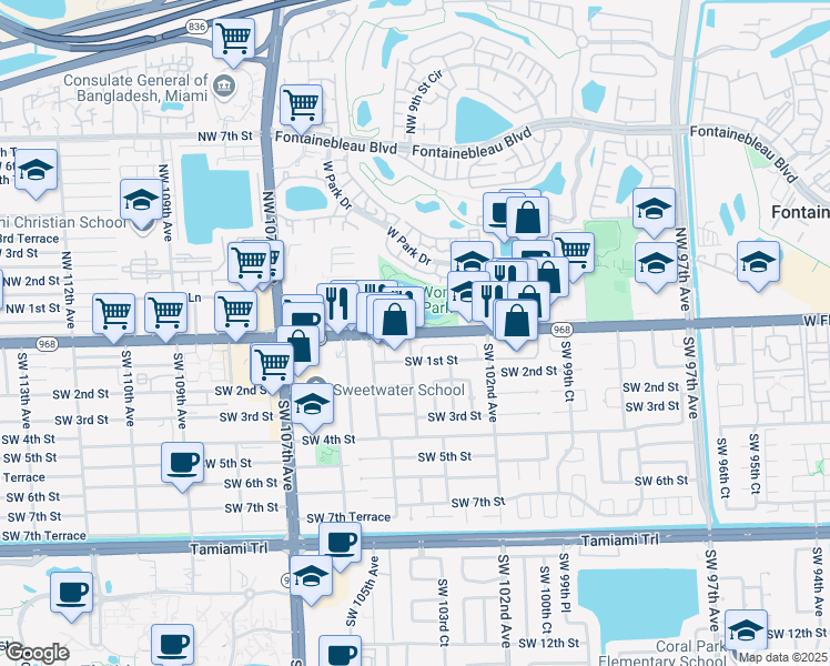 map of restaurants, bars, coffee shops, grocery stores, and more near 10352 West Flagler Street in Miami