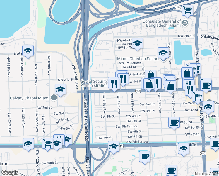 map of restaurants, bars, coffee shops, grocery stores, and more near 11455 Florida 968 in Miami