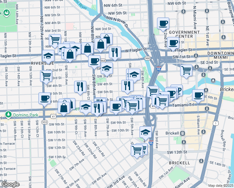 map of restaurants, bars, coffee shops, grocery stores, and more near 524 Southwest 6th Court in Miami