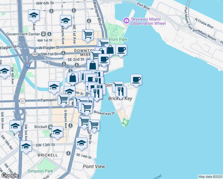 map of restaurants, bars, coffee shops, grocery stores, and more near 801 Brickell Key Boulevard in Miami