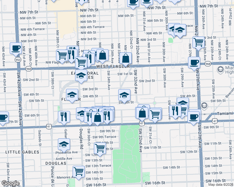 map of restaurants, bars, coffee shops, grocery stores, and more near 338 Southwest 33rd Avenue in Miami