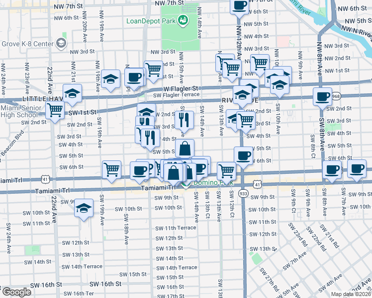 map of restaurants, bars, coffee shops, grocery stores, and more near 1523 Southwest 5th Street in Miami