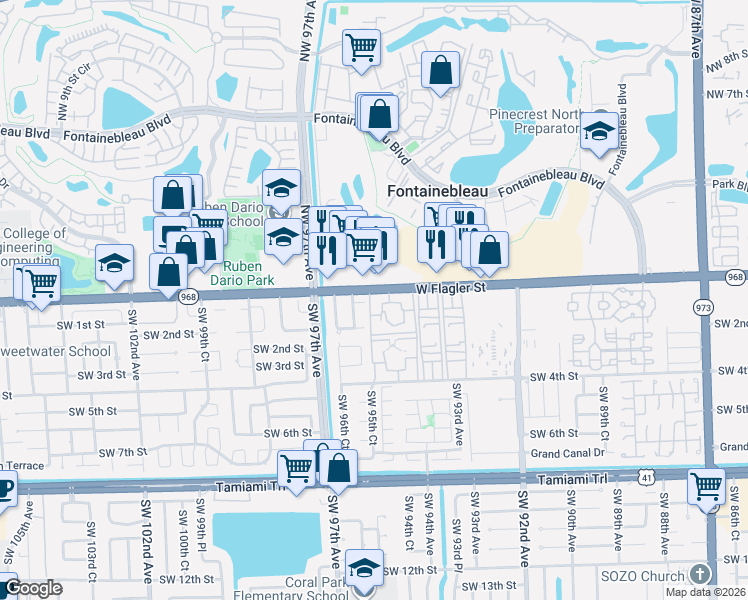 map of restaurants, bars, coffee shops, grocery stores, and more near 9580 Southwest 1st Street in Miami