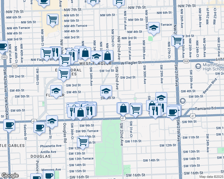 map of restaurants, bars, coffee shops, grocery stores, and more near 3253 Southwest 4th Street in Miami