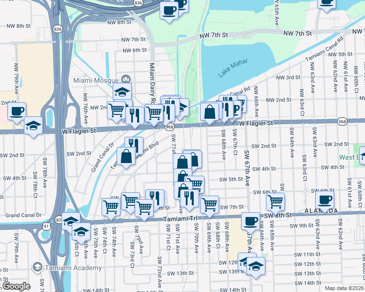 map of restaurants, bars, coffee shops, grocery stores, and more near 7033 Southwest 2nd Street in Miami