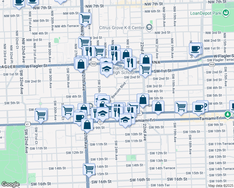 map of restaurants, bars, coffee shops, grocery stores, and more near in Miami