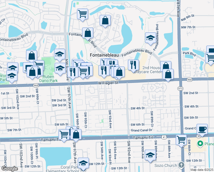 map of restaurants, bars, coffee shops, grocery stores, and more near 9310 Florida 968 in Miami