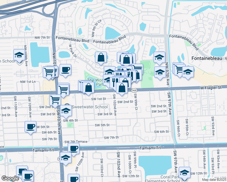 map of restaurants, bars, coffee shops, grocery stores, and more near West Flagler Street in Miami
