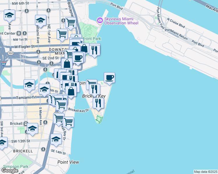 map of restaurants, bars, coffee shops, grocery stores, and more near 808 Brickell Key Drive in Miami