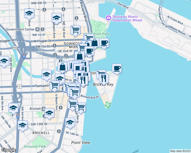 map of restaurants, bars, coffee shops, grocery stores, and more near 801 Brickell Key Boulevard in Miami