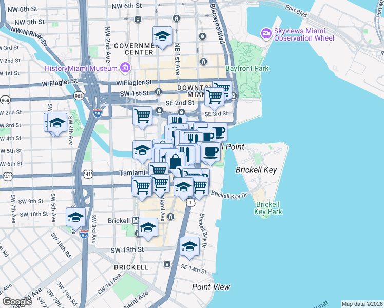 map of restaurants, bars, coffee shops, grocery stores, and more near 41 Southeast 6th Street in Miami