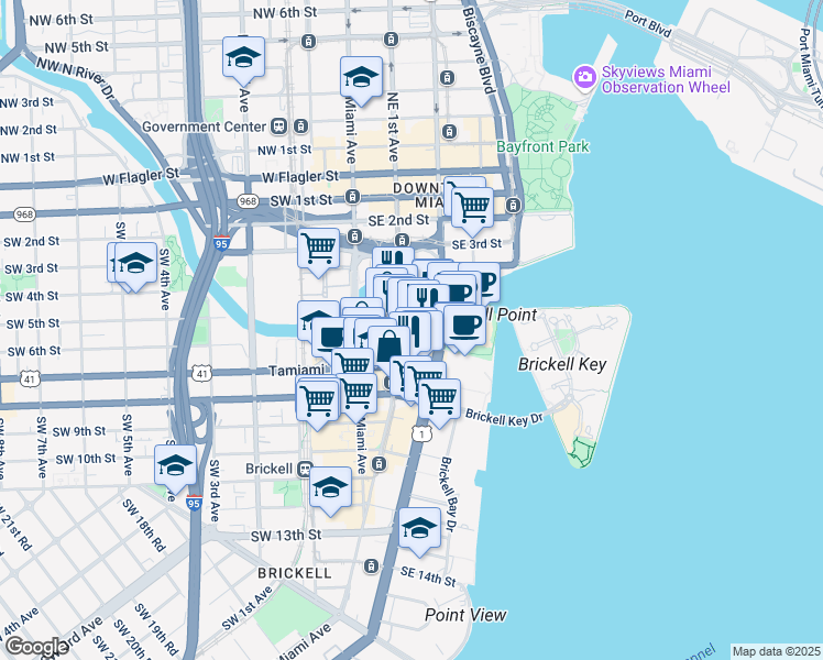 map of restaurants, bars, coffee shops, grocery stores, and more near 41 Southeast 6th Street in Miami