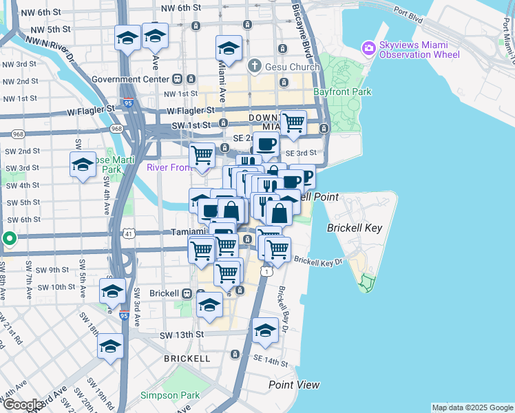map of restaurants, bars, coffee shops, grocery stores, and more near 41 Southeast 6th Street in Miami