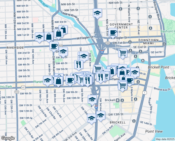 map of restaurants, bars, coffee shops, grocery stores, and more near 461 Southwest 6th Street in Miami
