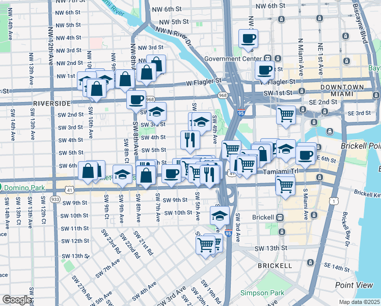 map of restaurants, bars, coffee shops, grocery stores, and more near 521 Southwest 6th Street in Miami