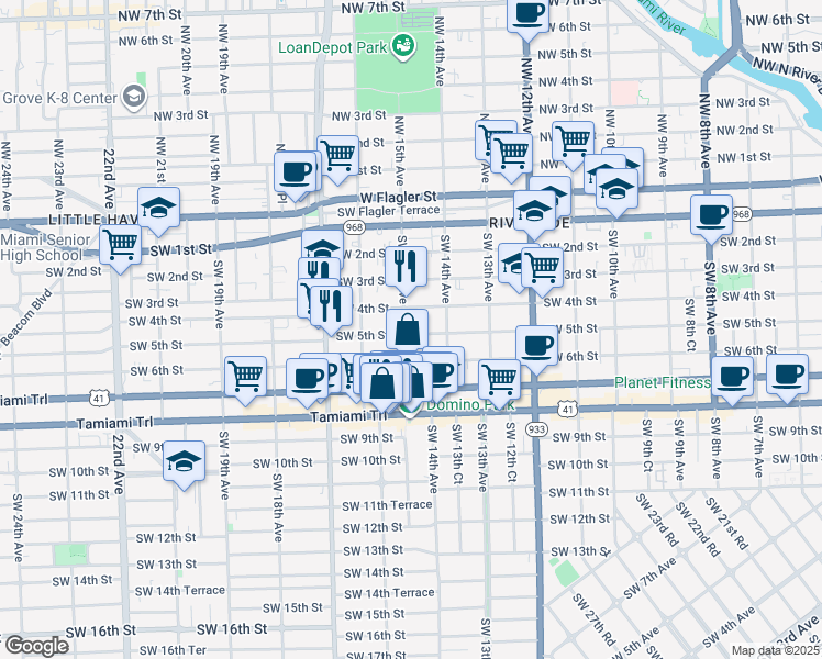 map of restaurants, bars, coffee shops, grocery stores, and more near 1523 Southwest 5th Street in Miami