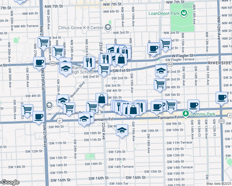 map of restaurants, bars, coffee shops, grocery stores, and more near 427 Southwest 21st Avenue in Miami