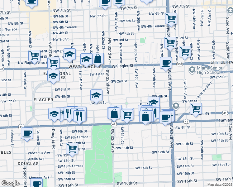 map of restaurants, bars, coffee shops, grocery stores, and more near 3167 Southwest 4th Street in Miami