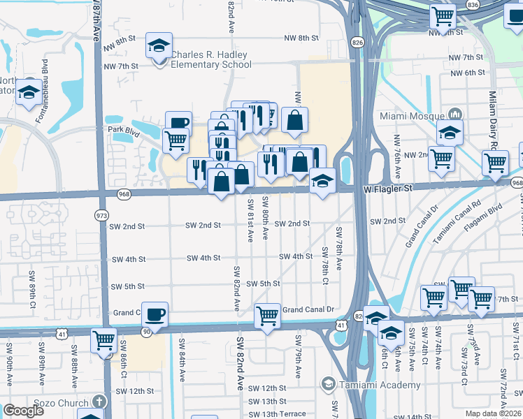 map of restaurants, bars, coffee shops, grocery stores, and more near 122 Southwest 80th Avenue in Miami