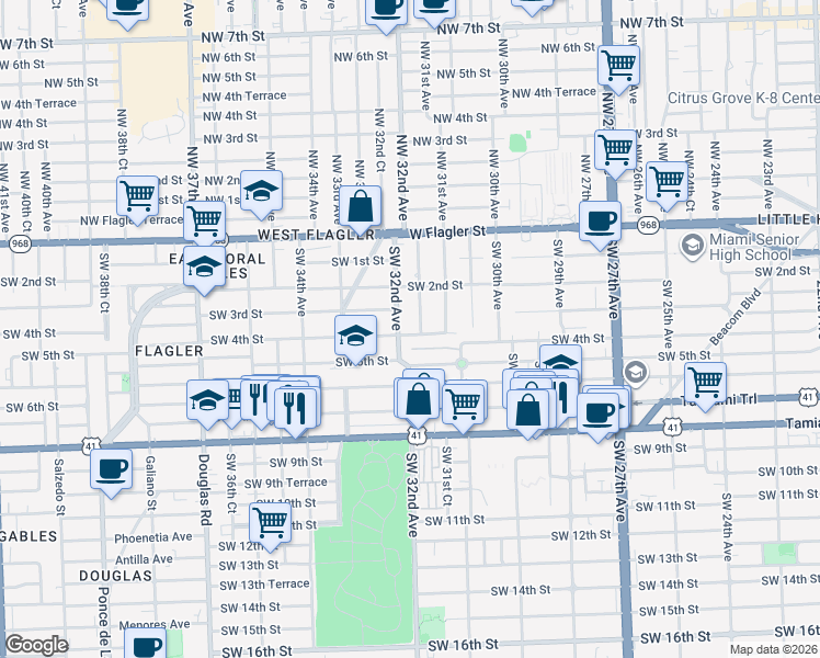 map of restaurants, bars, coffee shops, grocery stores, and more near 3167 Southwest 4th Street in Miami
