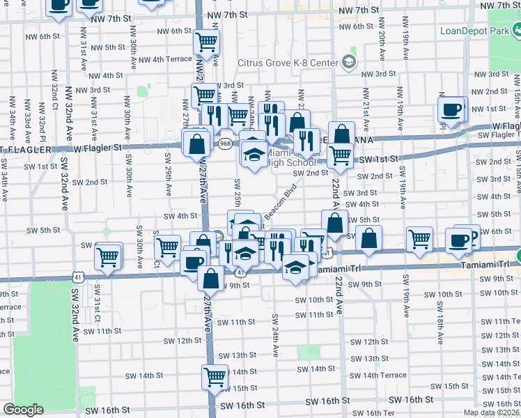 map of restaurants, bars, coffee shops, grocery stores, and more near in Miami