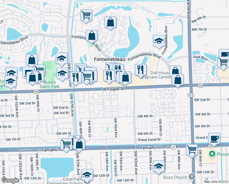 map of restaurants, bars, coffee shops, grocery stores, and more near 9310 Florida 968 in Miami