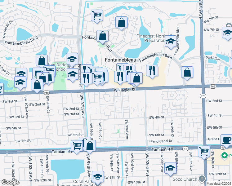 map of restaurants, bars, coffee shops, grocery stores, and more near 9400 Florida 968 in Miami