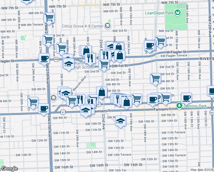 map of restaurants, bars, coffee shops, grocery stores, and more near 405-425 Southwest 22nd Court in Miami