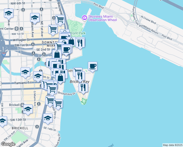 map of restaurants, bars, coffee shops, grocery stores, and more near 540 Brickell Key Drive in Miami