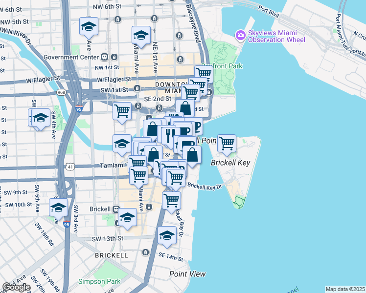 map of restaurants, bars, coffee shops, grocery stores, and more near 501 Brickell Avenue in Miami