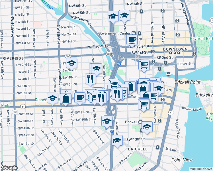 map of restaurants, bars, coffee shops, grocery stores, and more near 525 Southwest 4th Avenue in Miami
