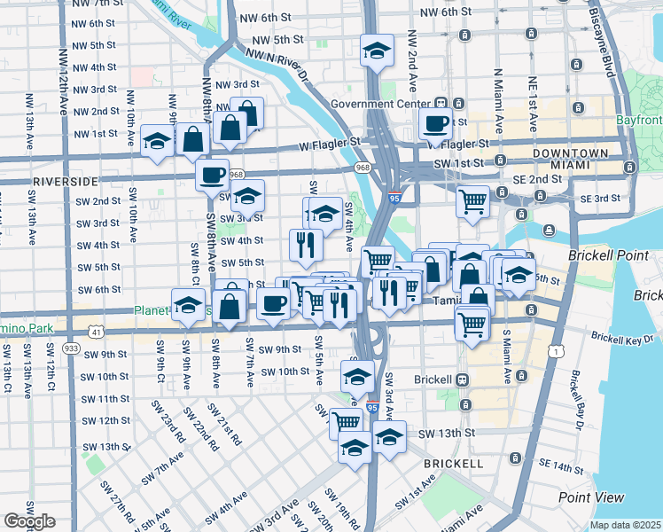 map of restaurants, bars, coffee shops, grocery stores, and more near 461 Southwest 6th Street in Miami