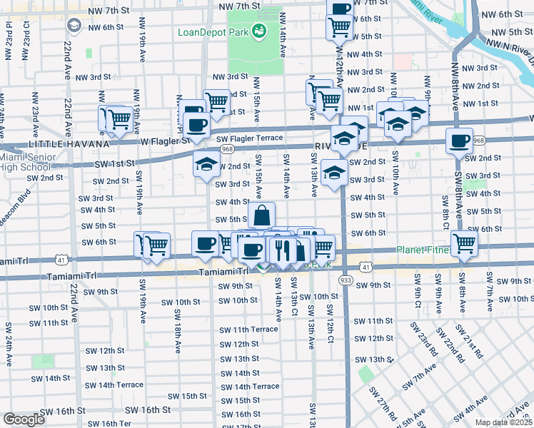 map of restaurants, bars, coffee shops, grocery stores, and more near 1426 Southwest 5th Street in Miami