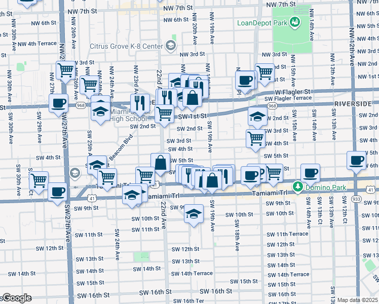 map of restaurants, bars, coffee shops, grocery stores, and more near 427 Southwest 21st Avenue in Miami
