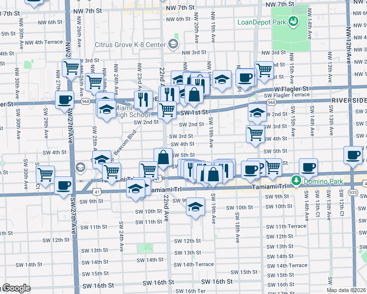 map of restaurants, bars, coffee shops, grocery stores, and more near 427 Southwest 21st Avenue in Miami