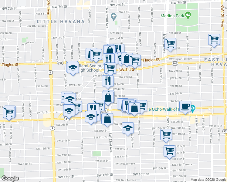 map of restaurants, bars, coffee shops, grocery stores, and more near 405-425 Southwest 22nd Court in Miami